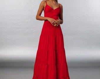 strapless open back dress Caroline Maxi Halter Dress - Red Orange