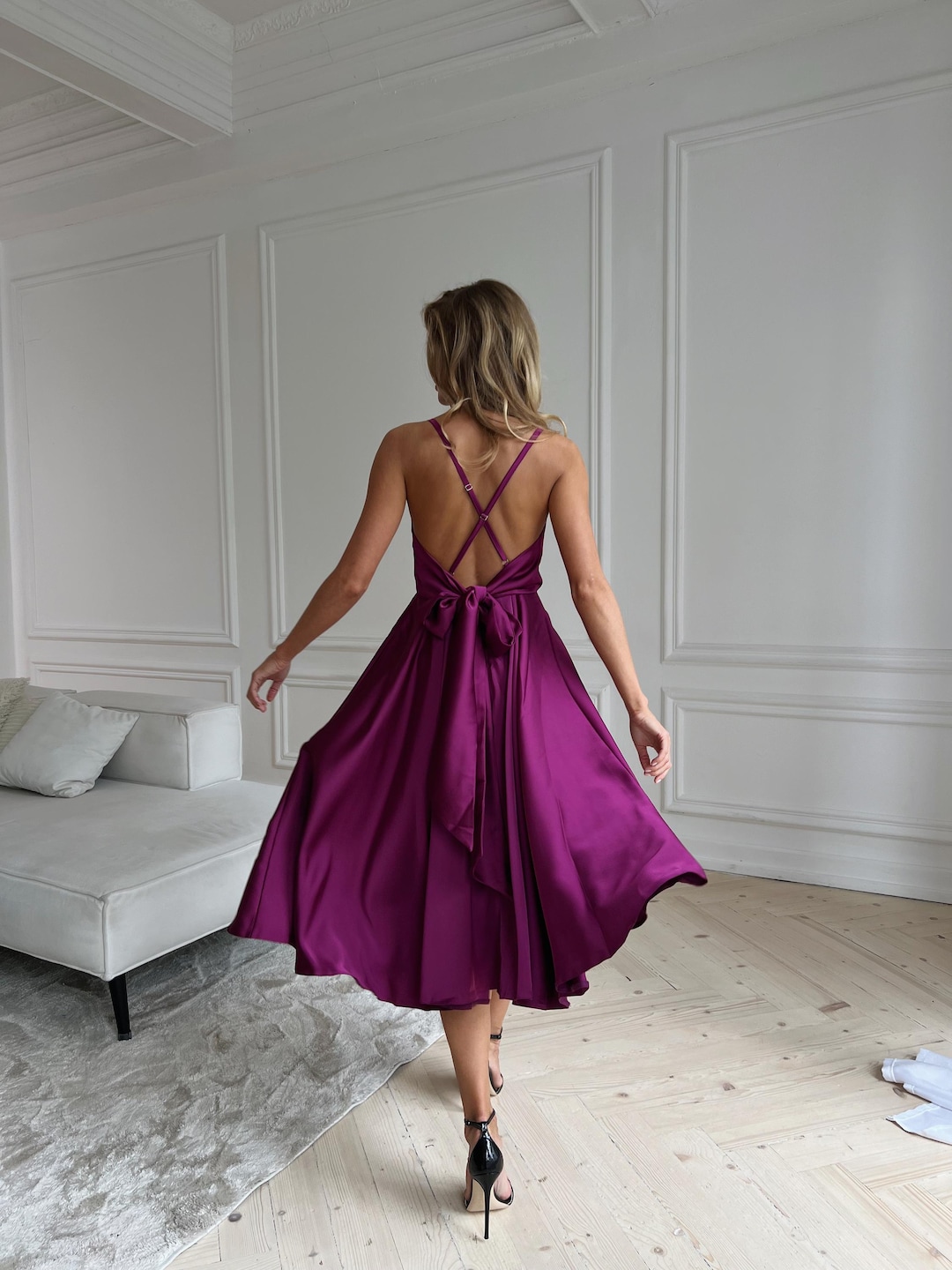 purple satin cocktail dress Silk Midi V-neck With Open Back and Bow Self-tie Midi dress Size:11-12 Years (160cm) Resort&Travel Charming Mismatched Mermaid Sexy deep V Straps