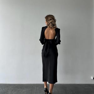 Black Silk Satin Open Back Dress with Long Bishop Sleeves, Turtleneck and back bow tie image 6