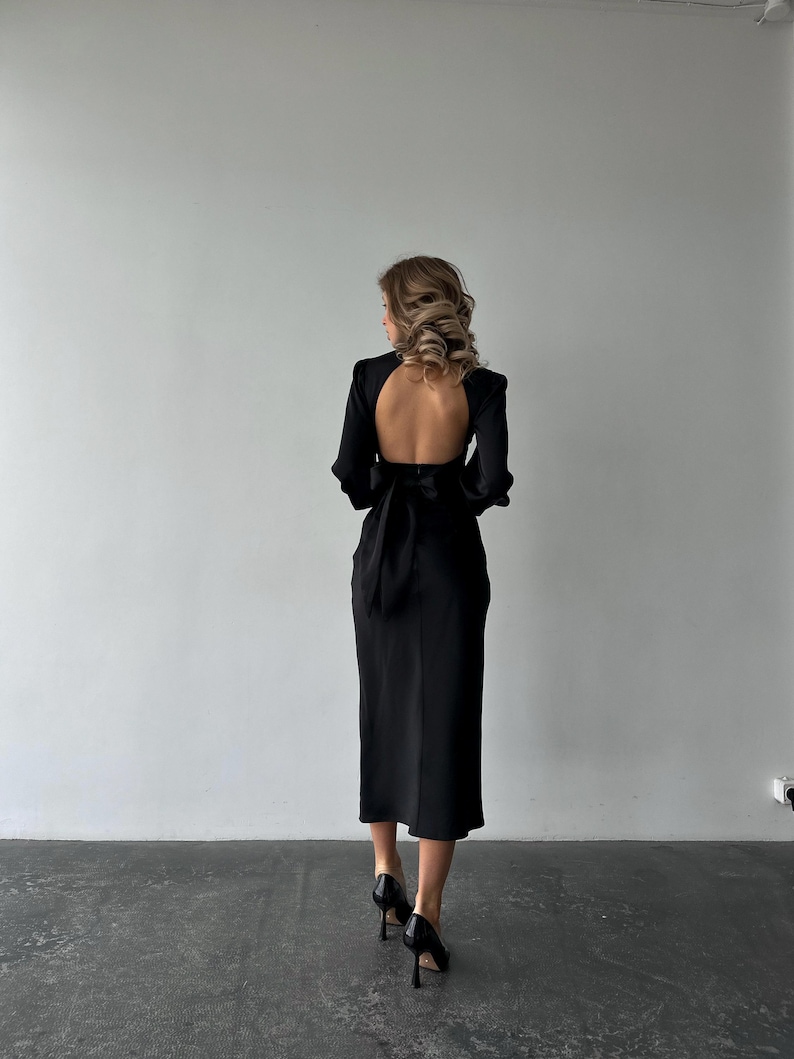 Black Silk Satin Open Back Dress with Long Bishop Sleeves, Turtleneck and back bow tie image 6