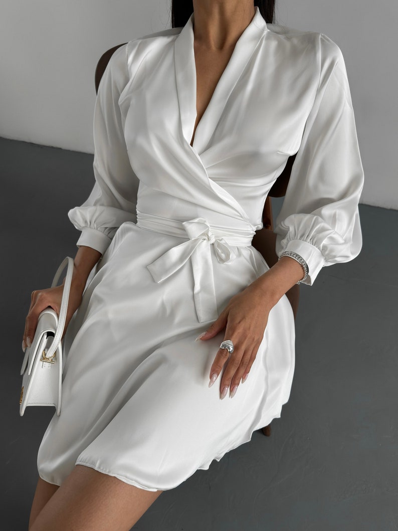 White Silk Wrap Dress Silk Mini Dress Wrap Style, White Elopement Mini Silk Dress with Bracelet Sleeves, Civil Wedding Mini Dress image 9