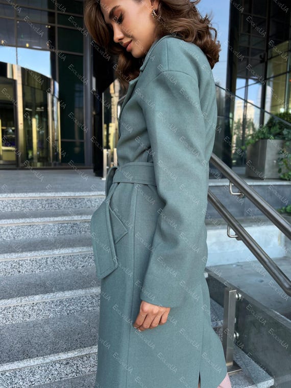Green wool coat women Wool Wrap Coat Womens Wool Coat with belt Elegant Wool Coat Green Minimalist Coat for Women Long Wrap Coat