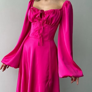 Hot Pink Satin Maxi Dress with Bishop Sleeves, Bridesmaid/Prom Formal Gown