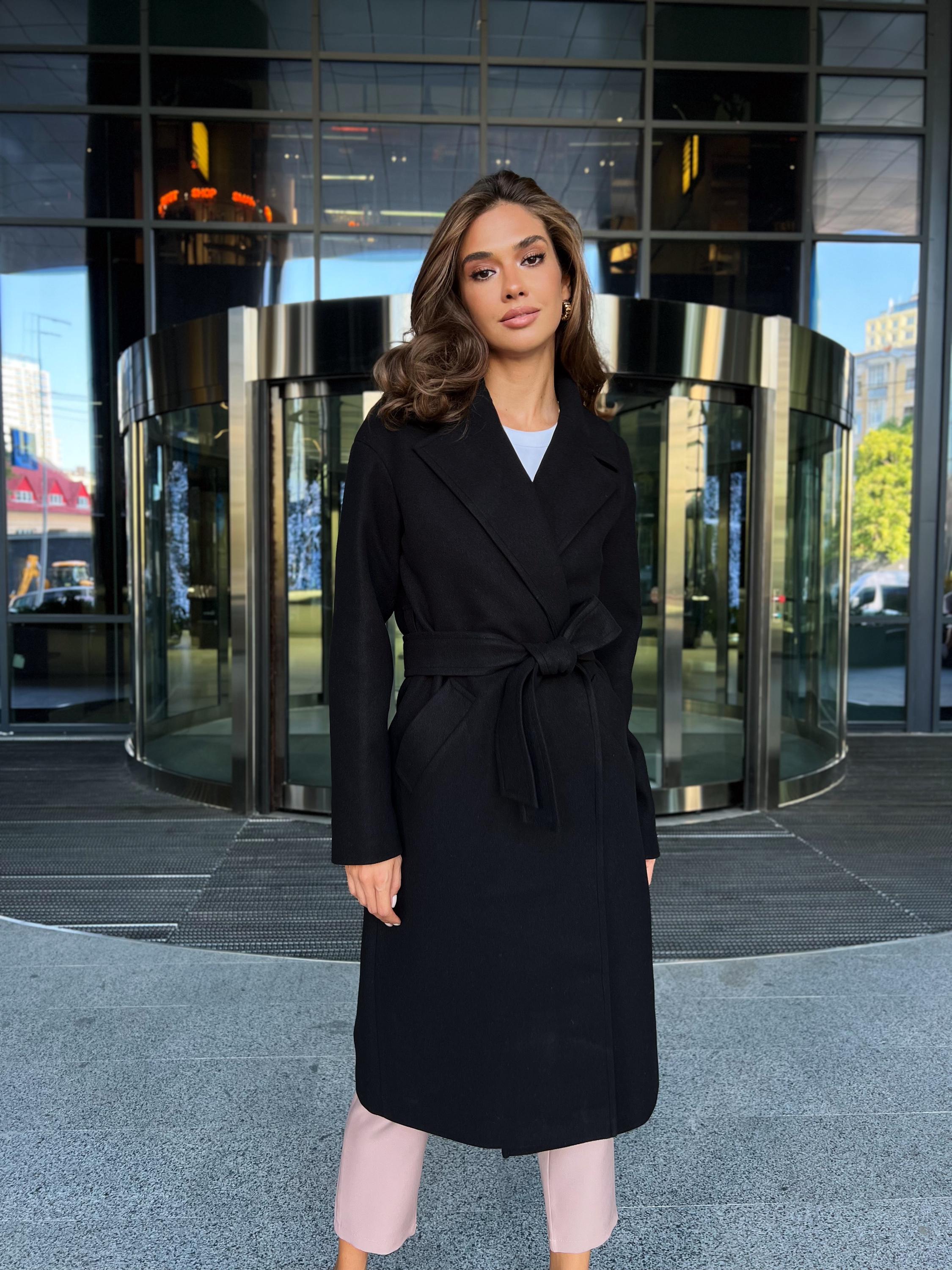 Black Wool Wrap Belted Coat for Spring Womens, Elegant and Classic - Main Image