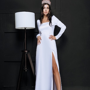 Silk Maxi Dress with Long sleeves and side slit, White Silk Dress for special occasions, Modest Wedding dress courthouse wedding