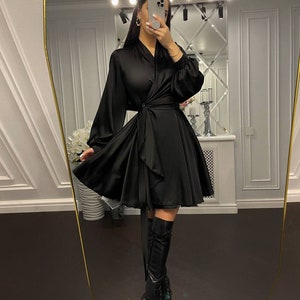 Black Silk Wrap Mini Dress, Wedding Guest Silk Dress, Black Silk Wrap Dress for Special Occasions, Girls Night Out Mini dress with Sleeves