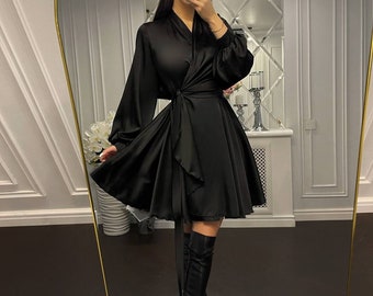 Black Silk Wrap Mini Dress, Wedding Guest Silk Dress, Black Silk Wrap Dress for Special Occasions, Girls Night Out Mini dress with Sleeves