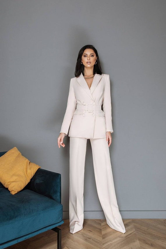 Classic Work Blazer  Trouser Womens Linen Pant Suit Set  Beige  The  Ambition Collective