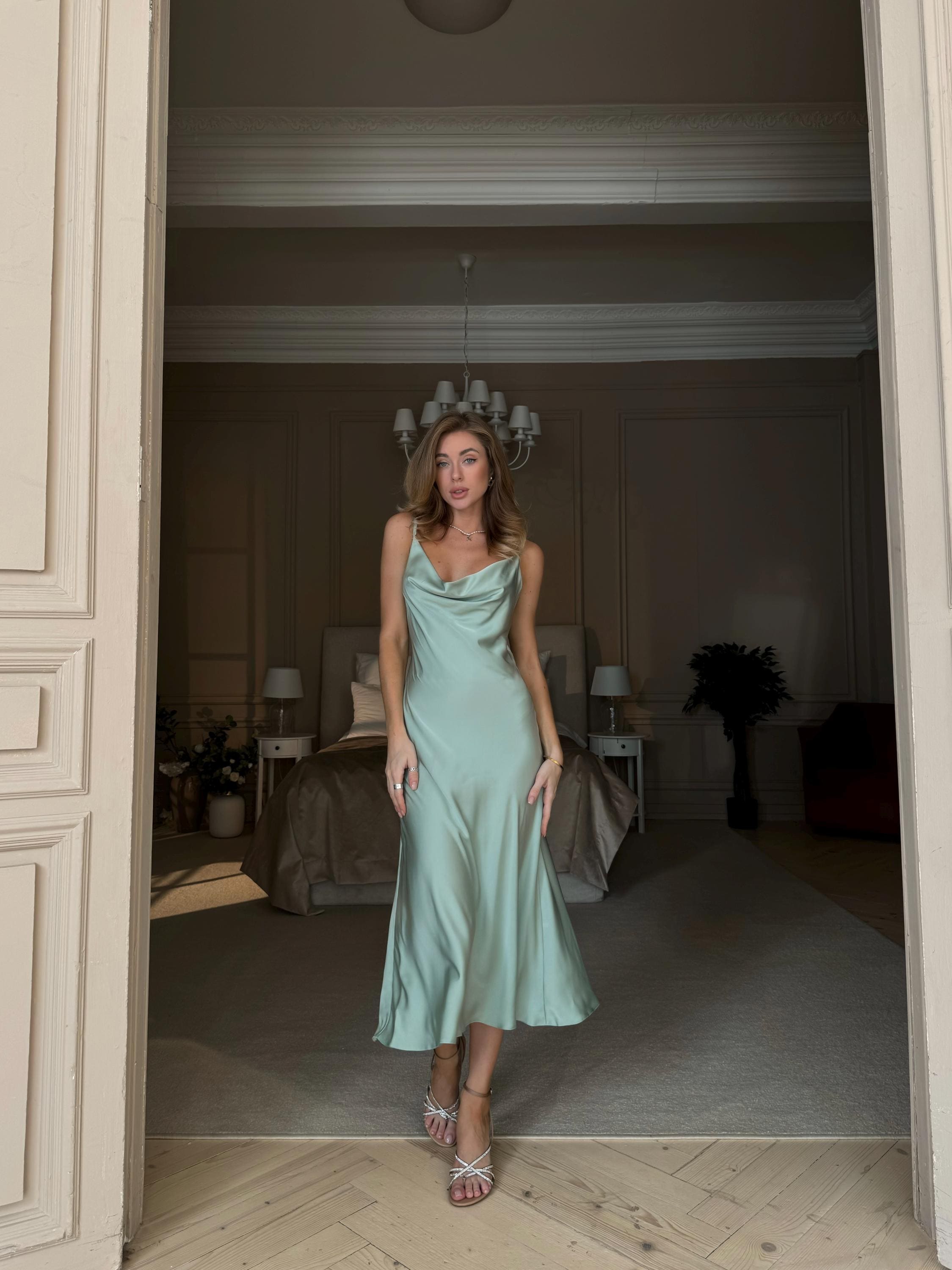 pistachio silk dress Azazie Elle