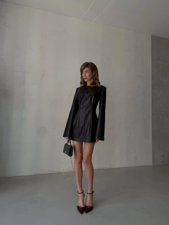 Dark Chocolate Faux Leather Mini Dress, Flared Sleeve Short Look