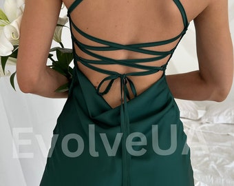 Emerald Green Silk Slip Dress with Cowl Neck for Special Occasions, Backless Midi Slip Dress, Sheath Dress for Bridesmaids, Birthday Girls