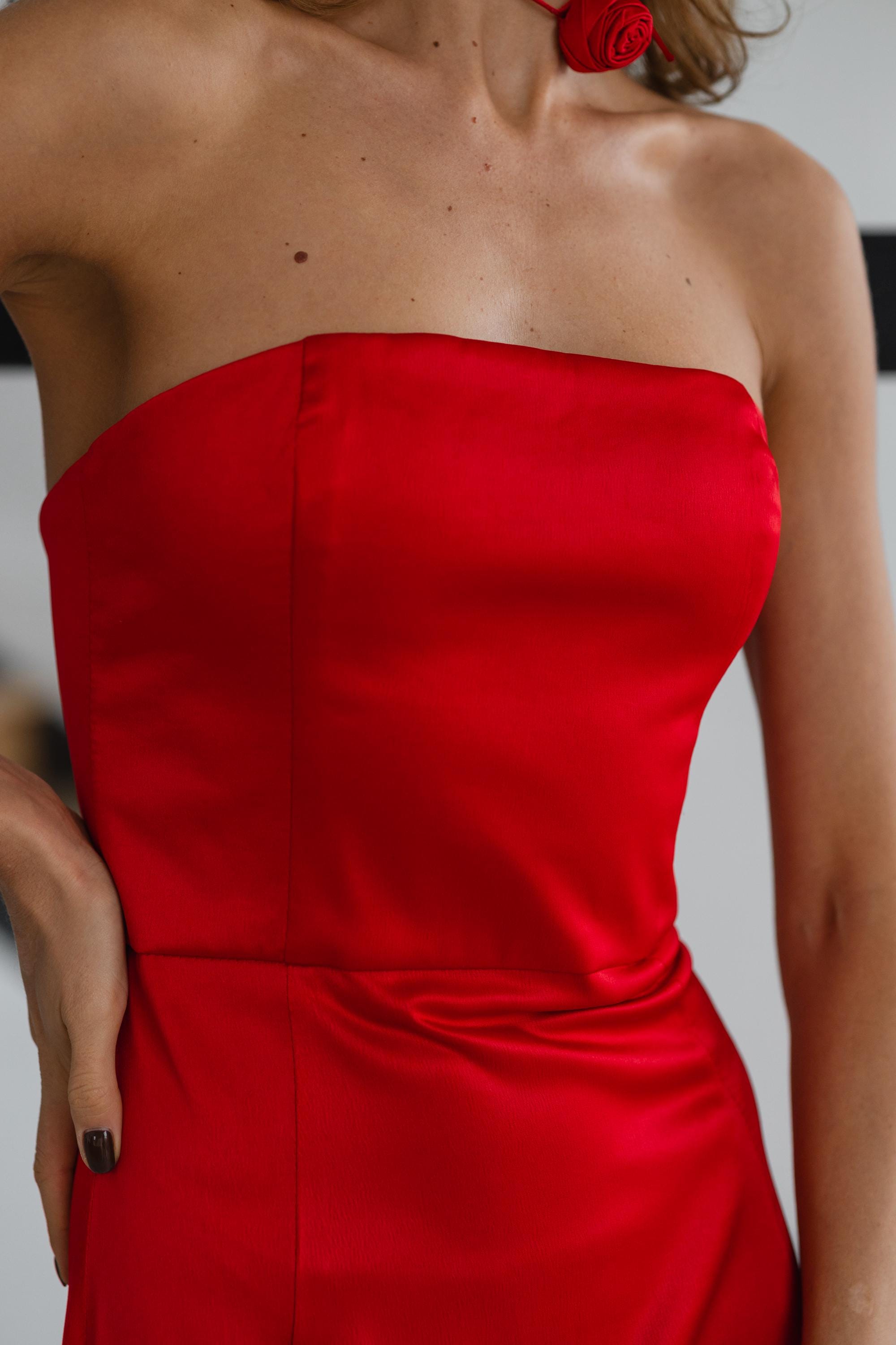 Red Satin Maxi Corseted Dress with Rose Choker