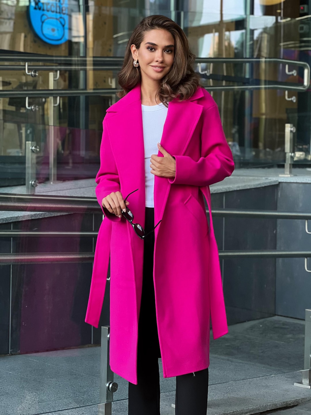 Hot Pink Wool Wrap Coat for Women, Long Belted Fall Overcoat - Main Image
