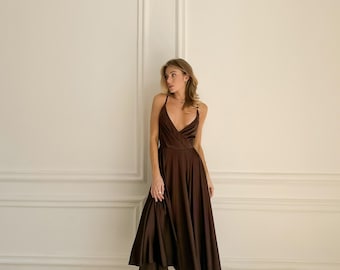 silk spiral evening dress - dark brown reviews Chocolate brown Satin slip dress with scarf. Cocktail maxi dress. Open back dress