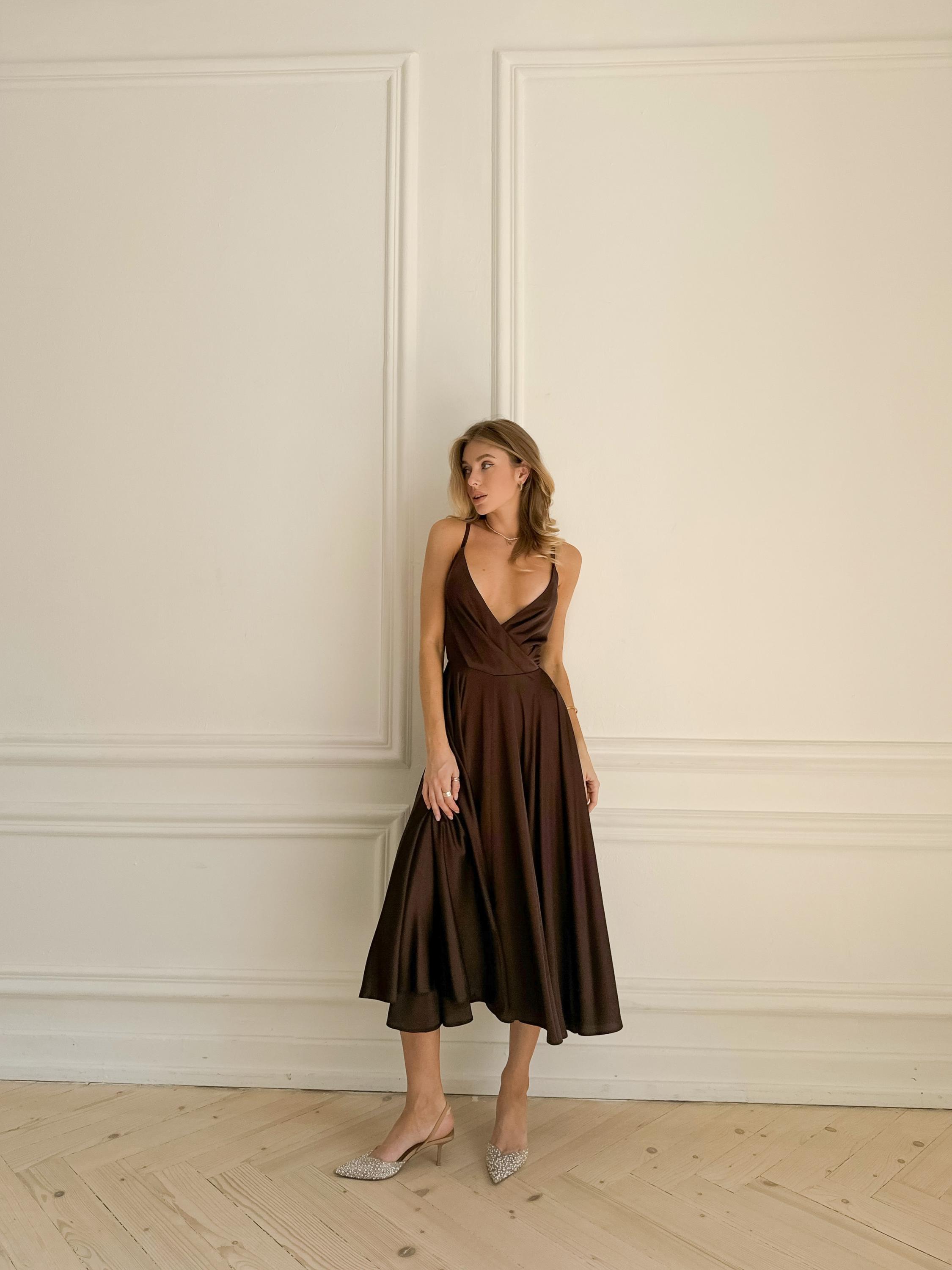 Chocolate brown Silk Midi Dress without Sleeves Open Back and bow tie deep cleavage