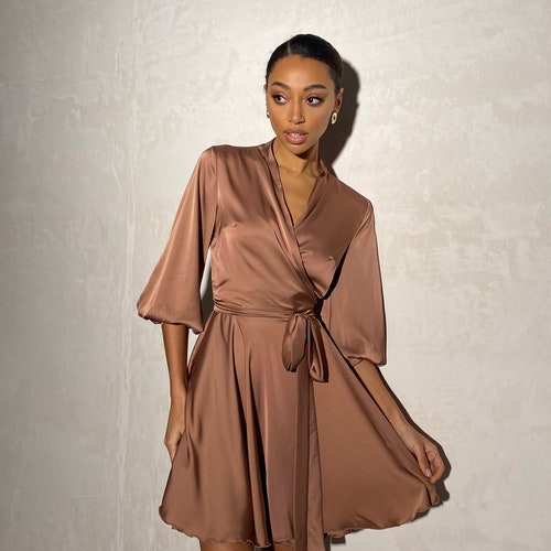 Brown Silk Wrap Dress Silk Mini Dress 
