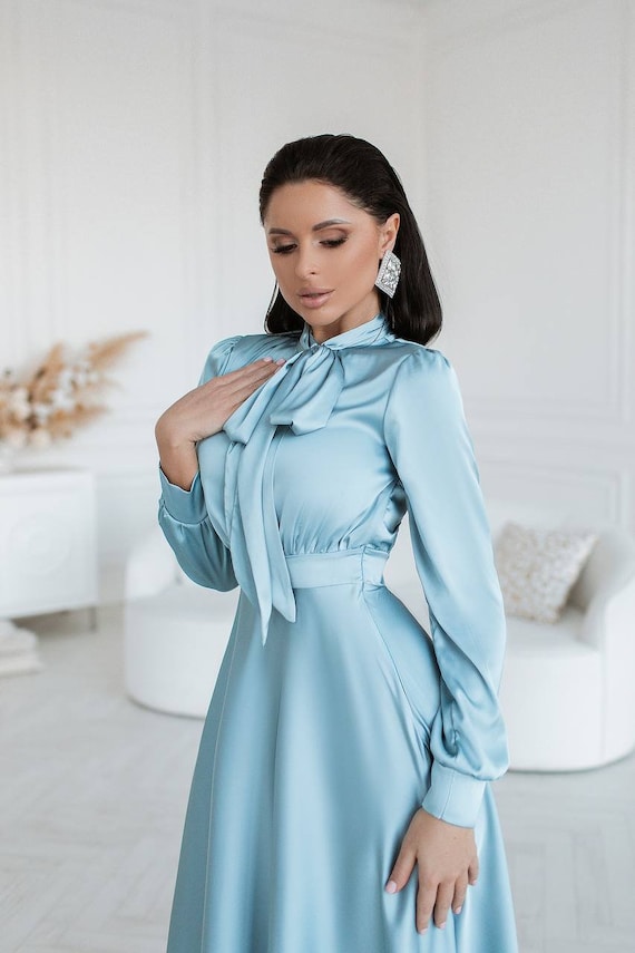 Light Blue Silk Midi Dress With Neck Bow Tie - Etsy