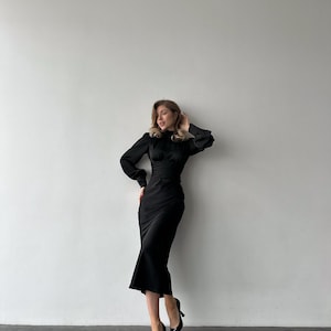 Black Silk Satin Open Back Dress with Long Bishop Sleeves, Turtleneck and back bow tie image 7