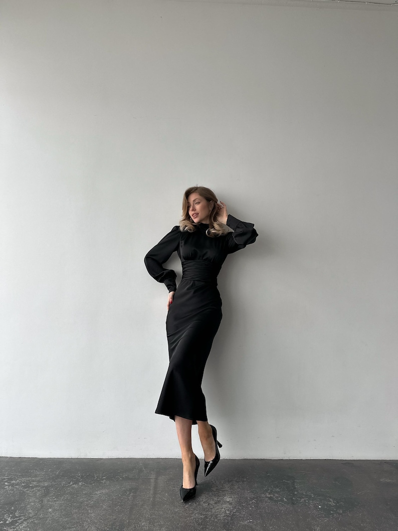 Black Silk Satin Open Back Dress with Long Bishop Sleeves, Turtleneck and back bow tie image 7