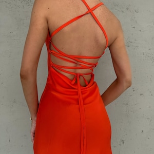Silk Slip Dress with Cowl Neck, Orange Midi Silk Satin Dress, Camisole Dress for Special Occasions, Bright Orange Silk Bridesmaids Dress