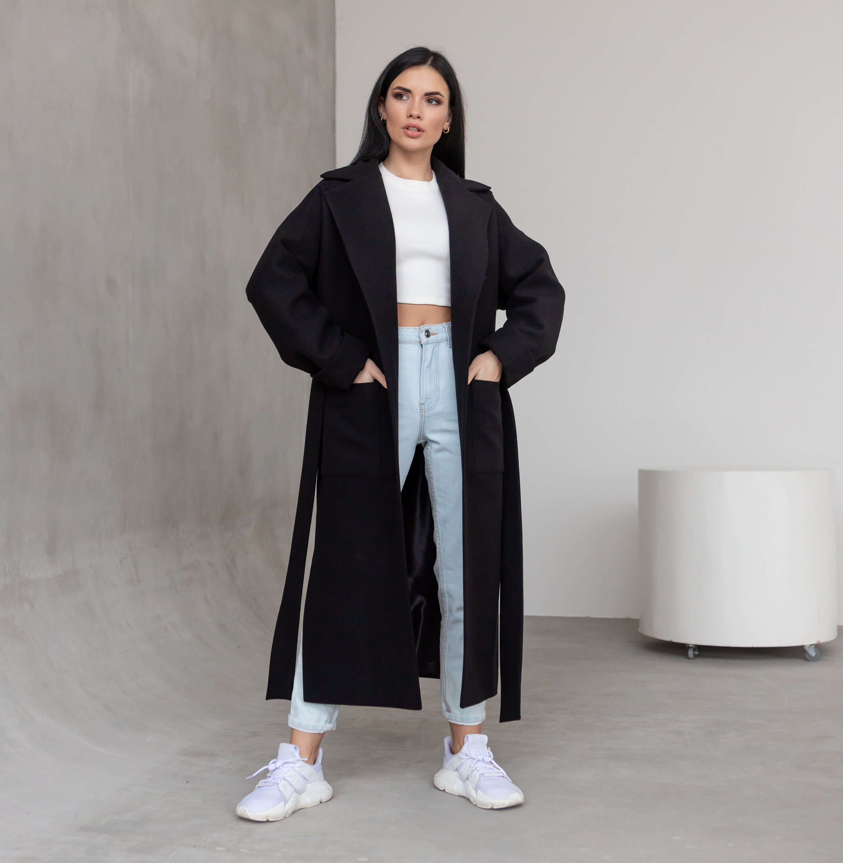 Black Wool Wrap Coat Women Fall Womens Wool Coat With Belt Etsy