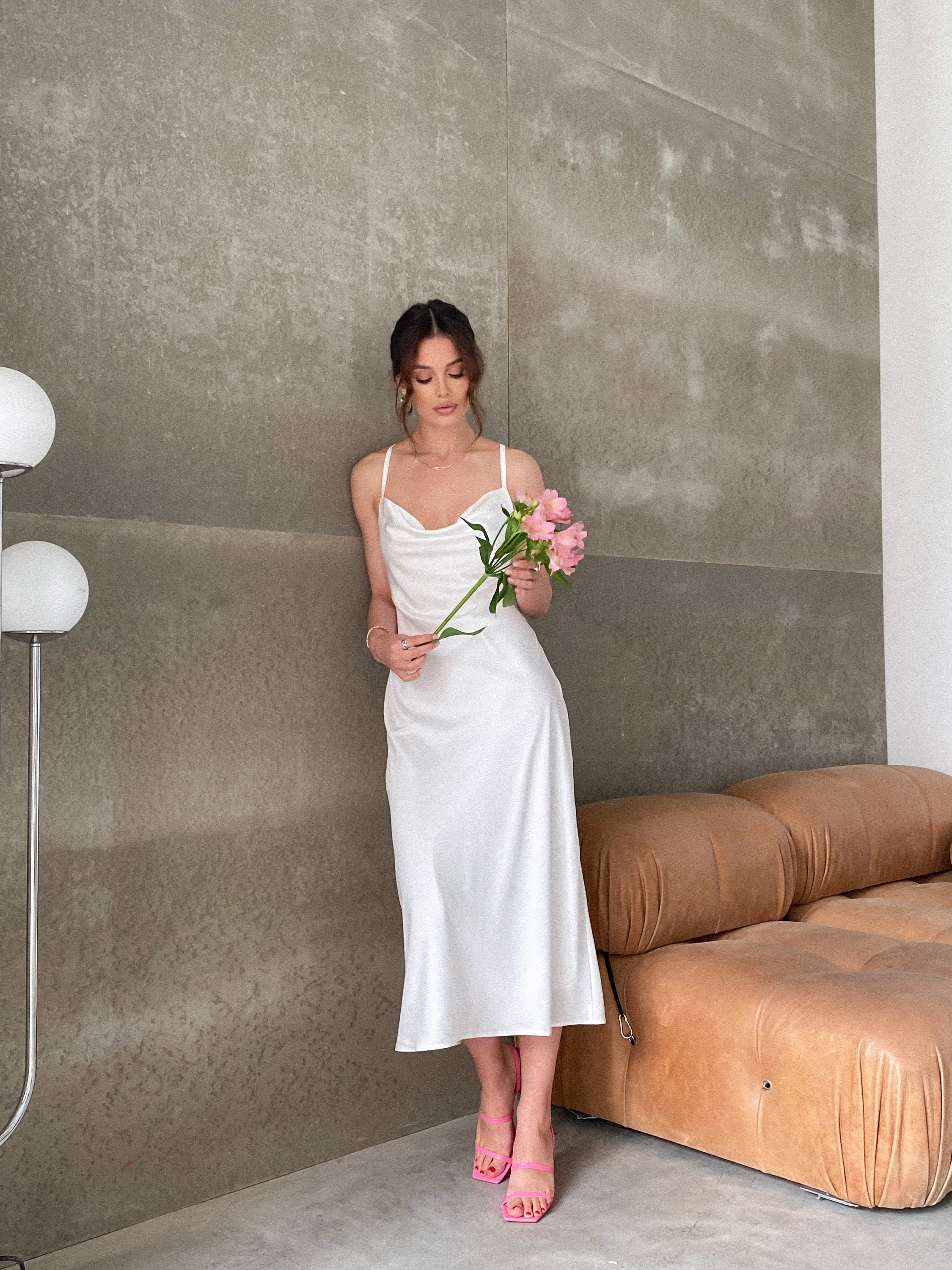 White Silk Slip Dress With Cowl Neck and Open Back White Silk Etsy