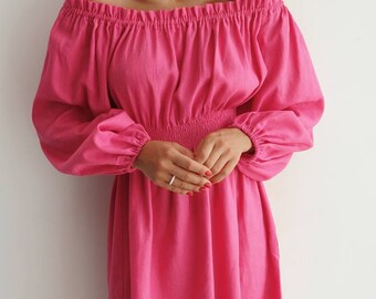 Hot pink Linen Midi Dress off-the-shoulder, Pink Linen Sundress for Women, Pink Casual Summer Dress, Natural fabric Summer Dress