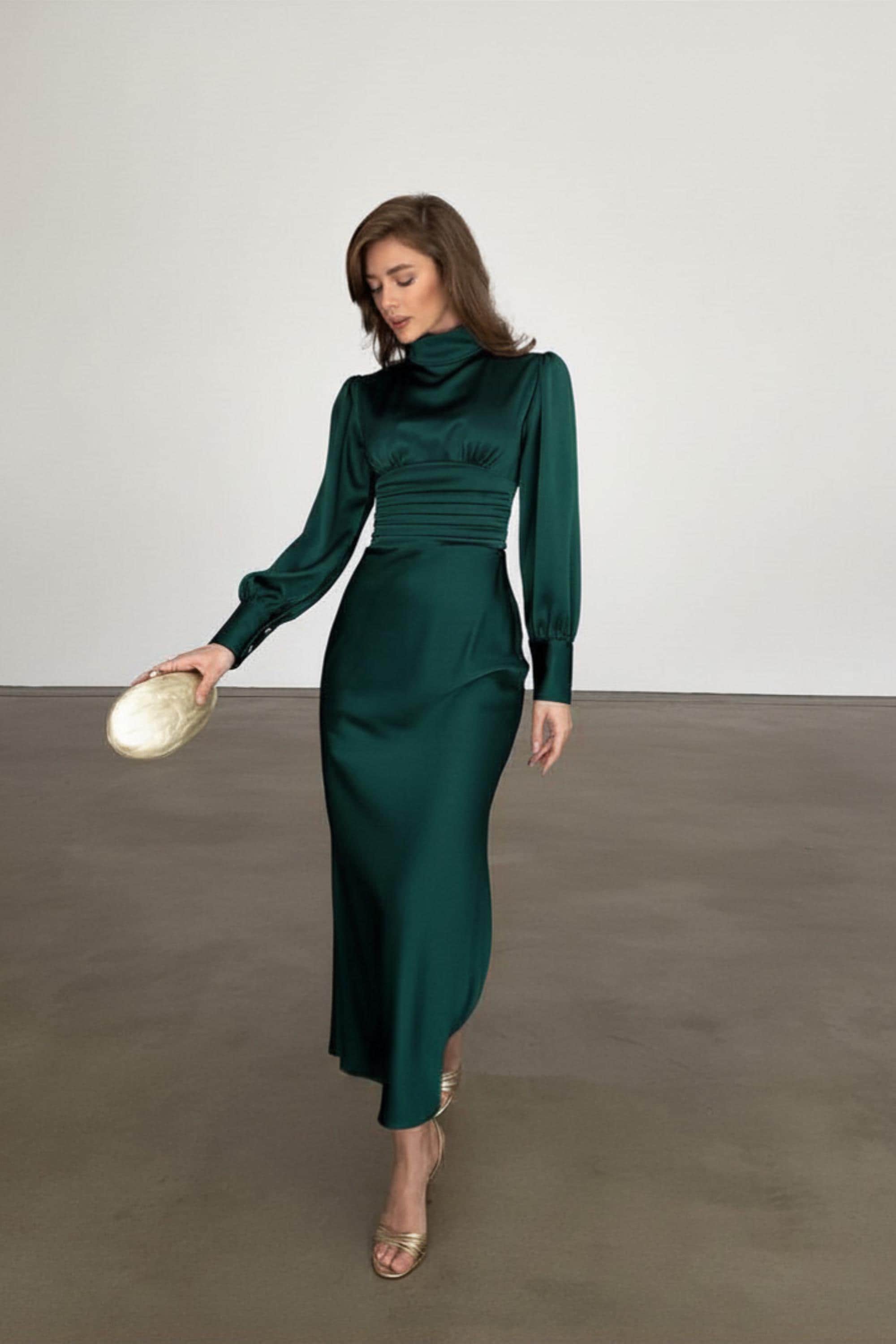 chinese dress ladies Deep Burgundy Satin Long-Sleeve Wrap Midi-Dress main image 1