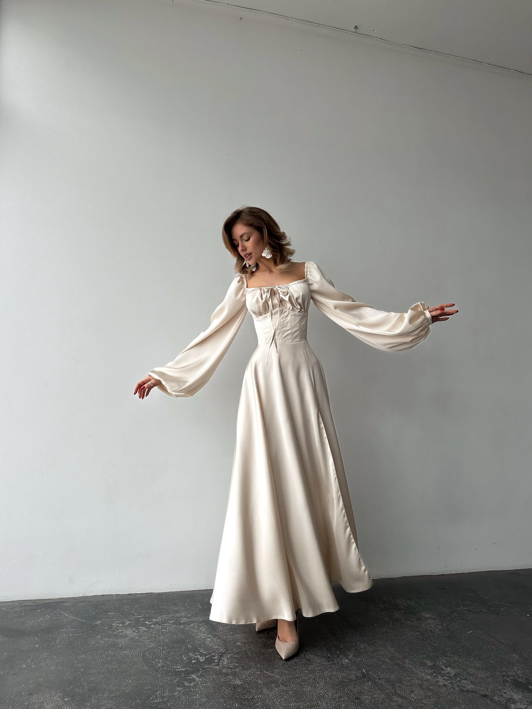 ivory evening dress with sleeves Berylove Women Long Sleeve Ivory Engagement Dress With Lace Bateau Neck A-Line Bridal Dress With Slit, Ivory / US18W main image 1