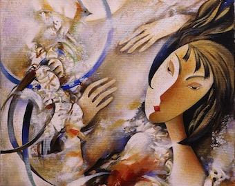 Pintura acrílica de aves nocturnas: detalles en oro y plata, Maria Goga Art