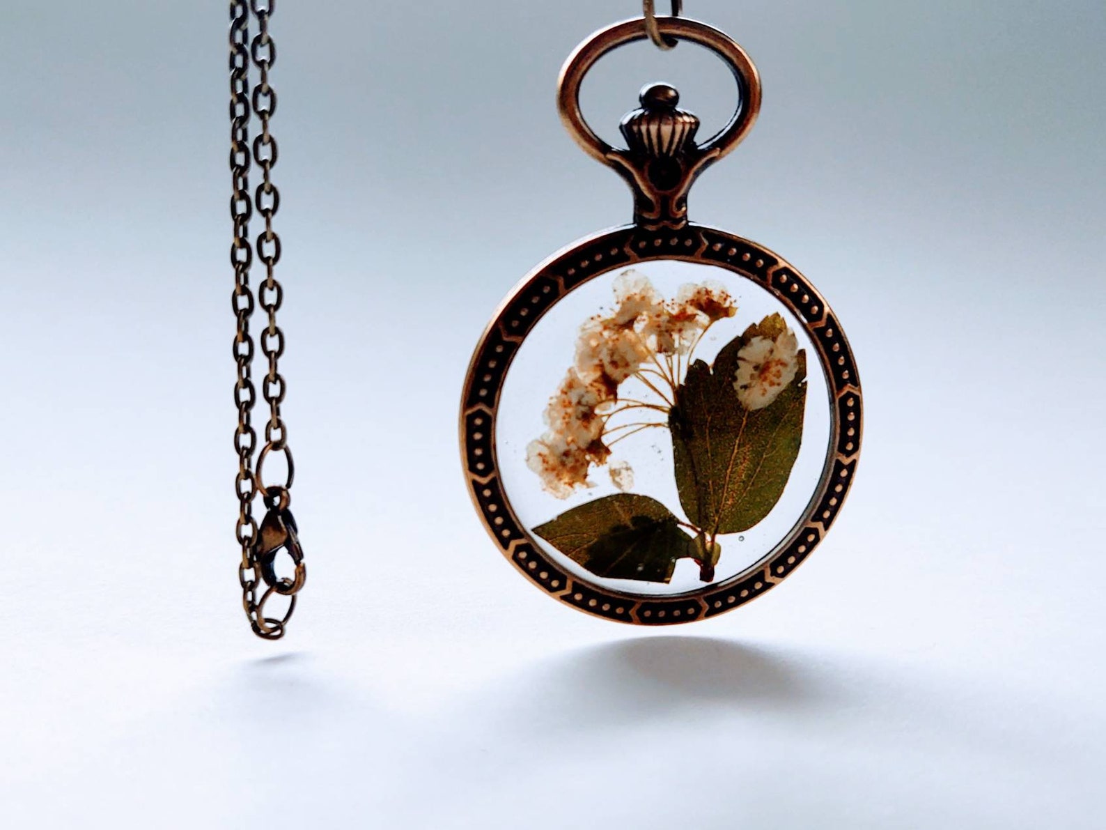 Bronze pocket watch bezel with pretty white pressed flowers Etsy