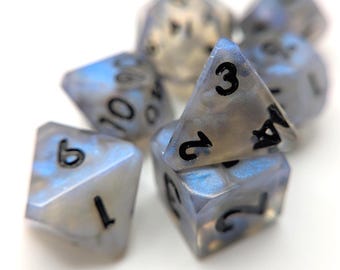 Shimmery Ice Blue D&D Dice Set: Beveled Edge, Shadow Inked.