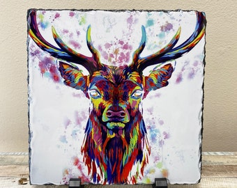 Brightly Coloured Stag Rock Slate Picture, Decorative Slate Tile , Pan Stand, Worktop Saver, Trivet, Made In Scotland, Scottish Gift