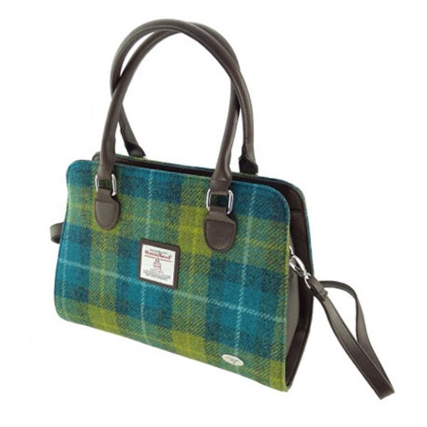 HARRIS TWEED Findhorn Midi Tote Bag in Sea Blue/Green Tartan , Woven in Scotland, Tartan Structured Handbag, Harris Tweed Bag