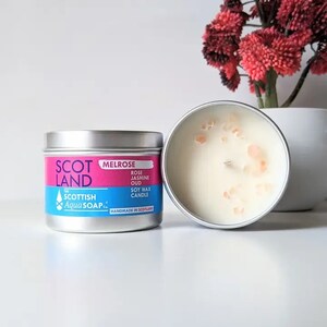 Melrose Rose Jasmine Oud Soy Wax 100ml Candle  Tin . Handmade in Scotland. Scottish Candles. Scottish Gift