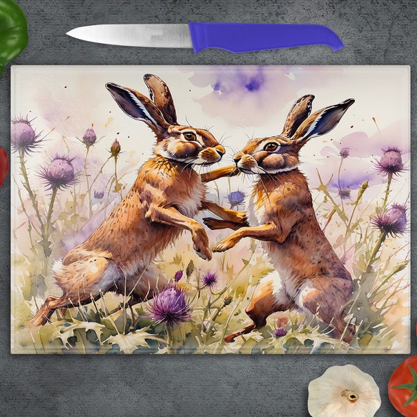 Fighting Hares Chopping Board, Glass Worktop Saver, Worktop Protector, Hares Cutting Board, hare Lovers Gift, Pan Stand, Made In Scotland