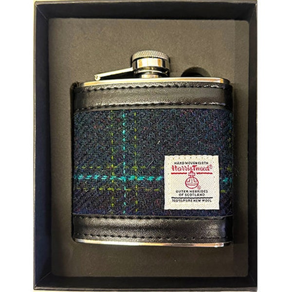 Harris Tweed 6oz Hip Flask in Blue with Turquoise Check , Genuine Harris Tweed, Scottish Gift, Best Man Gift , Gift For Him, Wedding Gift