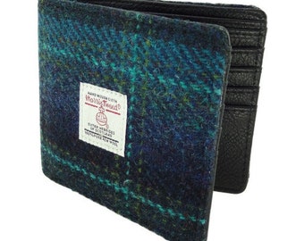 HARRIS TWEED Mull Gents Wallet in Blue with Turquoise Check , Woven in Scotland, Tartan, Outlander, Harris Tweed Wallet, Plaid Wallet