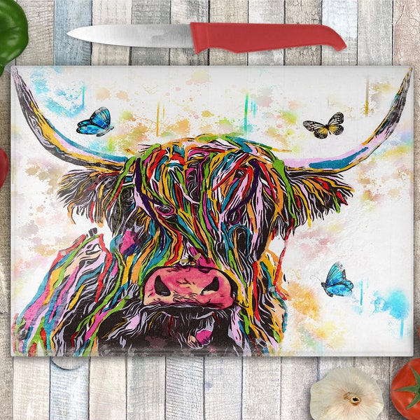 Highland Cow Large  Glass Chopping Board, Worktop Saver, Pan Stand, Highland Cow Chopping Board, Scottish Gift, Highland Cows