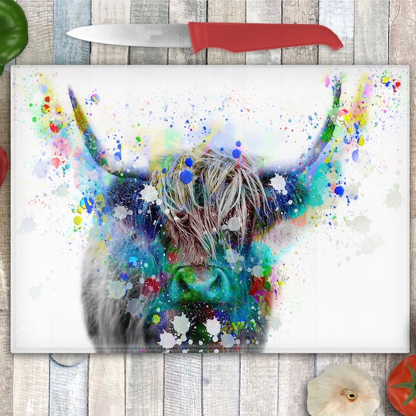 Brightly Coloured Highland Cow Glass Chopping Board, Worktop Saver, Pan Stand, Highland Cow Chopping Board, Scottish Gift, Highland Cows