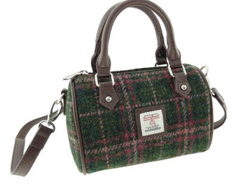 HARRIS TWEED 'Kilbride ' Mini Bowling Bag in Dark Green and Plum Check, Woven in Scotland, Vintage, Tartan, Outlander, Harris Tweed Bag