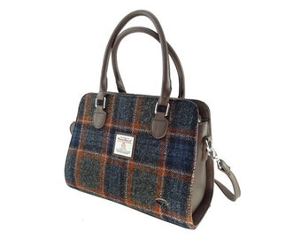 HARRIS TWEED Findhorn Midi Tote Bag in Grey with Rust Overcheck , Woven in Scotland, Tartan Structured Handbag, Harris Tweed Bag