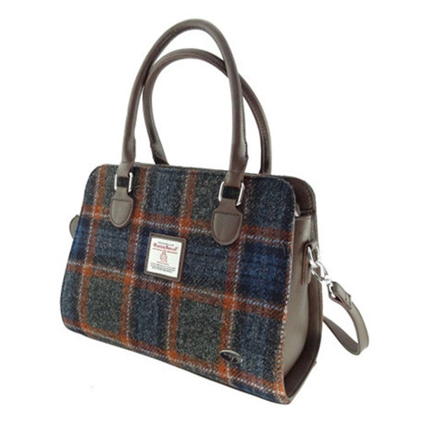 HARRIS TWEED Findhorn Midi Tote Bag in Grey with Rust Overcheck , Woven in Scotland, Tartan Structured Handbag, Harris Tweed Bag