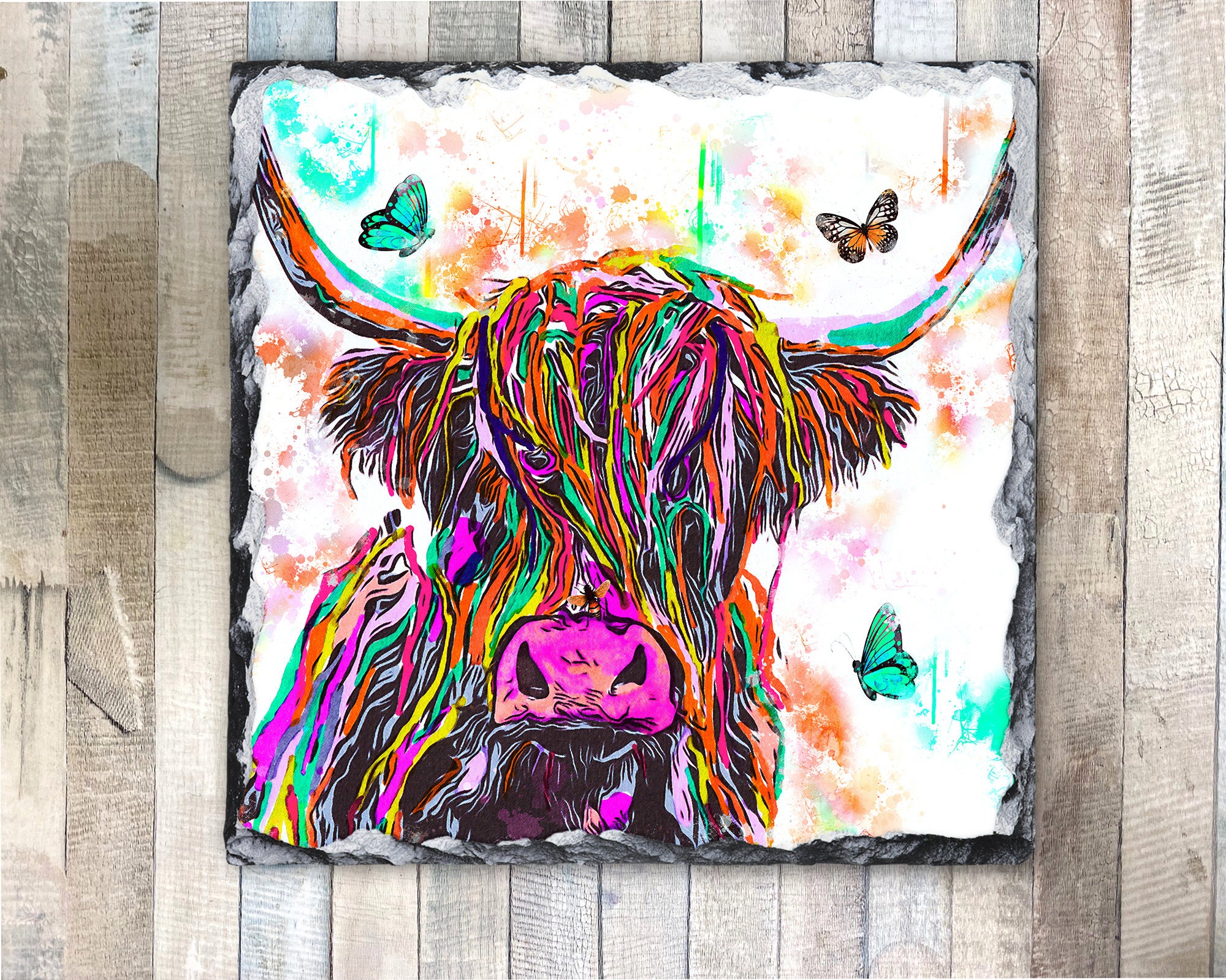Trivet Pan Stand Worktop Saver Made In Scotland Brightly Coloured Highland Cow Rock Photo Slate Decorative Slate Scottish Gift