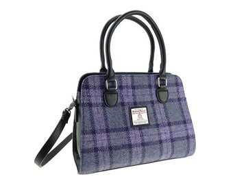 HARRIS TWEED Findhorn Midi Tote Bag in Bold Purple Check , Woven in Scotland, Tartan Structured Handbag, Harris Tweed Bag