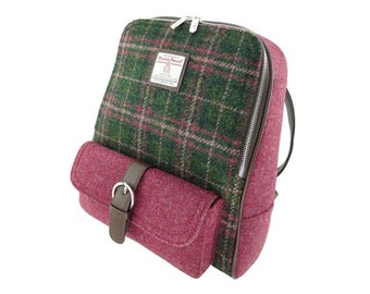 Harris Tweed Naver Rugzak in Donkergroen/Plum Check, Echte Tweed, Sling Bag, Handgeweven wol, Backpacken, Outlander, Reistas