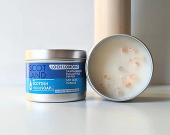 Loch Lomond Sandalwood Eucalyptus Pepper Soy Wax 100ml Candle  Tin . Handmade in Scotland. Scottish Candles. Scottish Gift