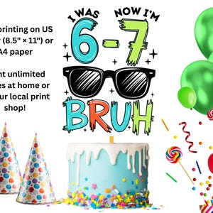 Peut inclure: Image d'anniversaire avec le texte "I WAS 6, NOW I'M 7 BRUH" en lettres color&eacute;es, des lunettes de soleil, un g&acirc;teau bleu avec des vermicelles, des chapeaux de f&ecirc;te, des ballons et des sucettes. Le texte indique une impression facile sur papier A4.