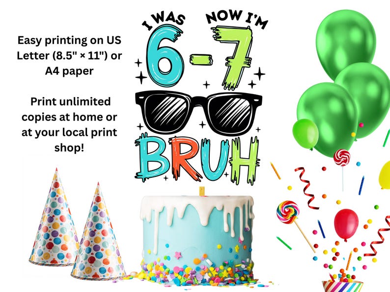 Peut inclure: Image d'anniversaire avec le texte "I WAS 6, NOW I'M 7 BRUH" en lettres color&eacute;es, des lunettes de soleil, un g&acirc;teau bleu avec des vermicelles, des chapeaux de f&ecirc;te, des ballons et des sucettes. Le texte indique une impression facile sur papier A4.