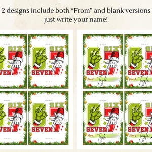 Pu&ograve; includere: Biglietti d'auguri con un gesto della mano verde, un '7' rosso e la parola 'SEVEN'. Le carte hanno un bordo verde e bianco con il testo 'From: Tayla'. &Egrave; visibile anche il testo 'All 2 designs include both "From" and blank versions - just write your name!'.